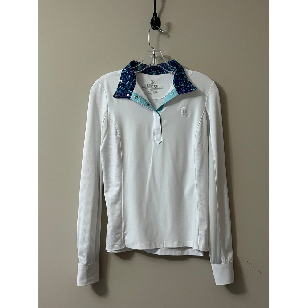 Romfh Equestrian Show Shirt Womens Small White Long Sleeve Floral Collar Snap